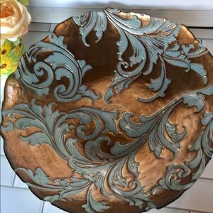 Scalloped Decorative Metal Bowl with Teal Scrollwork